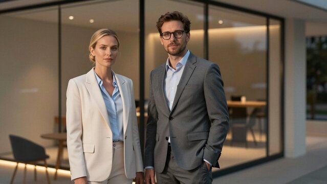 Confident business professionals stand together in front of a sleek glass office building during golden hour, exuding professionalism and teamwork.