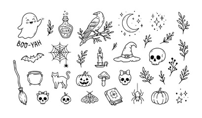 Obraz premium Hand Drawn Doodle Halloween Set with Ghost Pumpkin Witch Hat and Black Cat Vector Illustration Collection