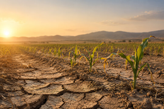 Drought Stressed Corn Crop Growing in Cracked Dry Soil at Sunset