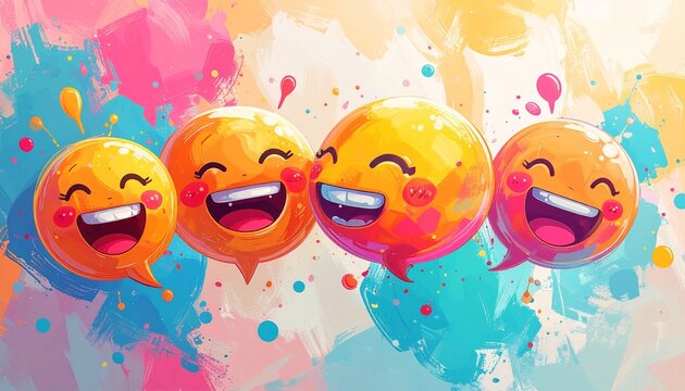 Four animated laughing emoji faces with vibrant watercolor splatter effects celebrating joyful reactions in a bright digital art style
