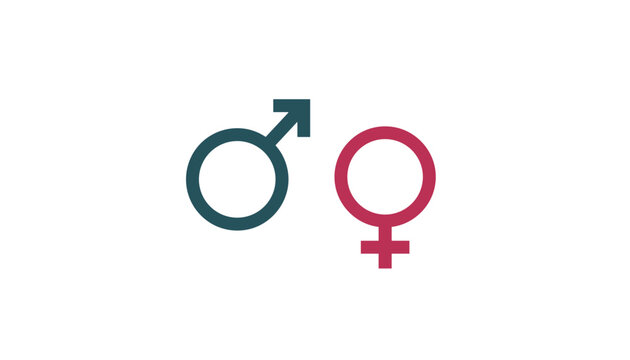 Blue male mars symbol and pink female venus symbol representing gender equality are depicted side by side on a plain white background.