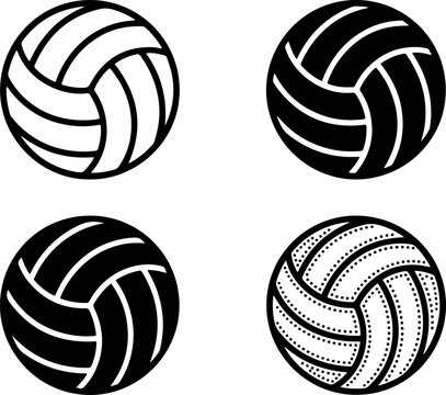 Volleyball icons feature four variations of sport balls in bold black and white silhouettes.