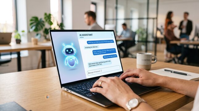 Laptop screen showing AI assistant chatbot interface with robot avatar, person typing message, modern open office background, artificial intelligence technology concept, workflow