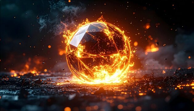 Fiery glowing crystal sphere engulfed in intense flames and flying sparks on dark ground