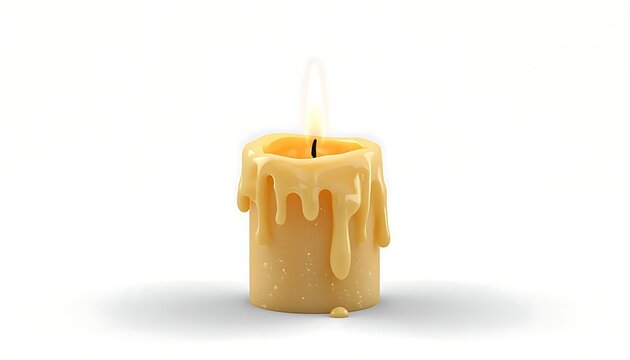 Single lit yellow wax candle melted drips irregular patterns small pool base bright steady flame black wick plain white background soft glow warmth tranquility