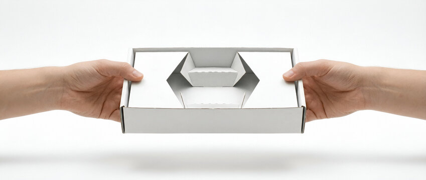 Two adult hands holding open white cardboard shipping box