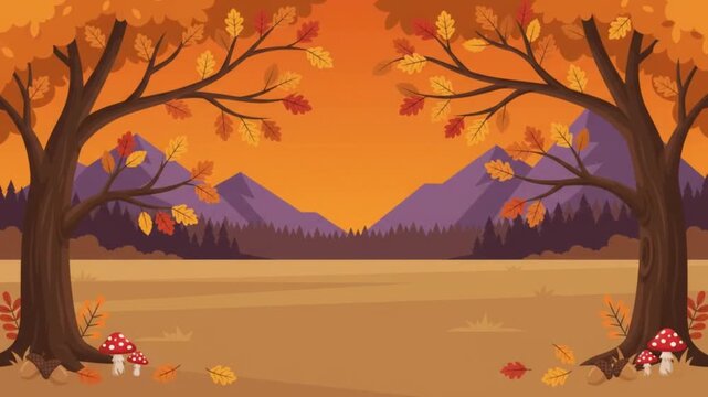 Flat vector animation of a mountain landscape at sunset with pine forest