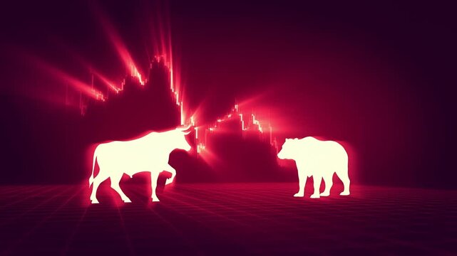 Bull and Bear Facing Each Other Over Financial Chart on Glowing Digital Grid