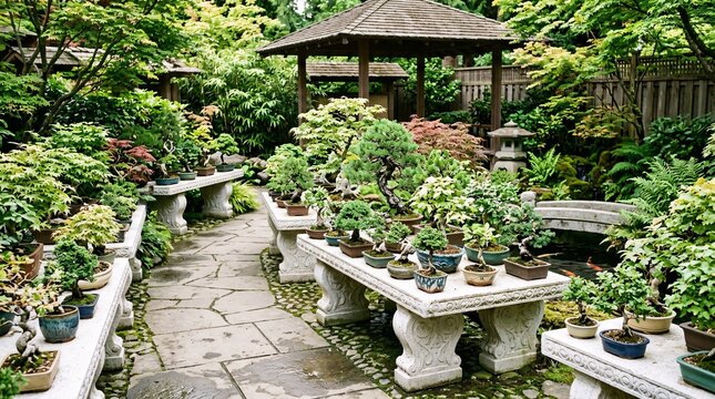 Botanical garden patio with sculpted bonsai trees in ornate ceramic pots on carved stone benches, lush vibrant green foliage everywhere