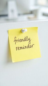 friendly reminder written on a yellow sticky note pinned to a white board in an office.