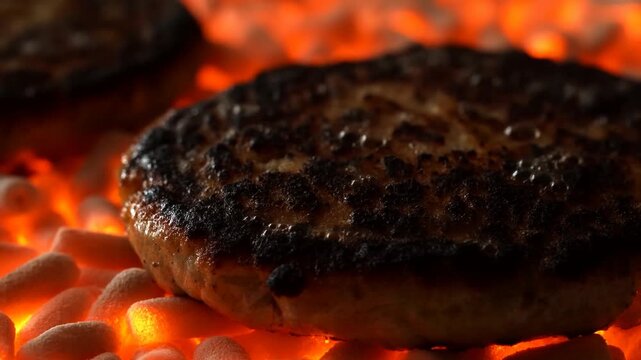 Grilled meat patty resting over glowing charcoal with charred surface in closeup