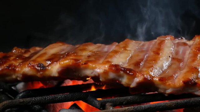 Glazed ribs grilling over glowing charcoal on a barbecue grate with smoke around
