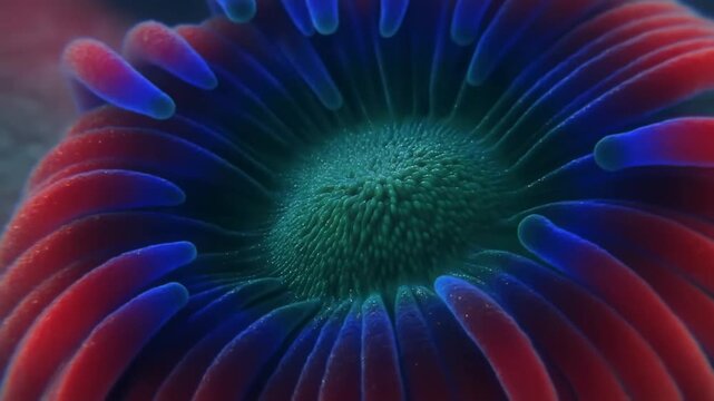 Macro view of colorful red and blue sea coral polyp underwater on reef