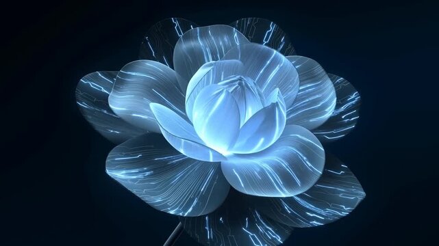Futuristic Digital Lotus Flower with Glowing Circuit Patterns on Dark Blue Background