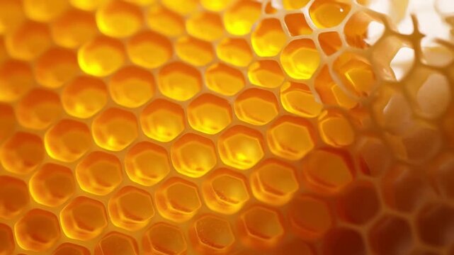 Honeycomb cells filled with golden honey in warm macro closeup of natural beeswax