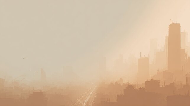 A conceptual artwork depicting a cityscape under a permanent, heavy orange-brown haze of smog, with faint outlines of buildings barely visible through the pollution. 