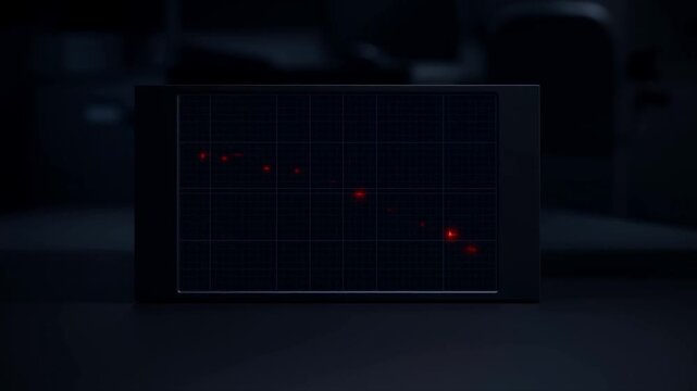 Blank dark computer screen with blue grid display in a dim technology workspace