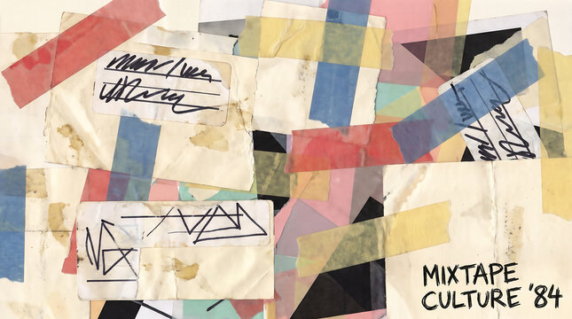 Abstract mixtape culture 84 collage design with retro colorful adhesive tapes and hand drawn marker sketches on textured paper background.