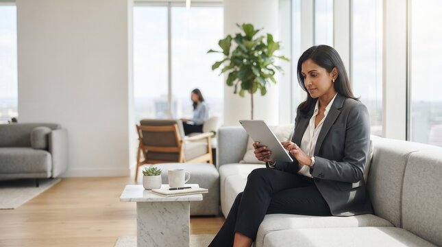 Indian professional woman in gray blazer sitting on a sofa and using a tablet, capturing corporate success and digital productivity in a bright contemporary office for business marketing.