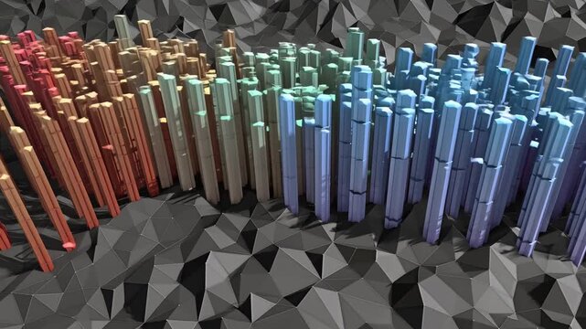 Abstract dark gray lowpoly surface with small green and tan object among angular shapes