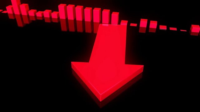 Red Downward Arrow and Bar Chart on Black Background Representing Decline