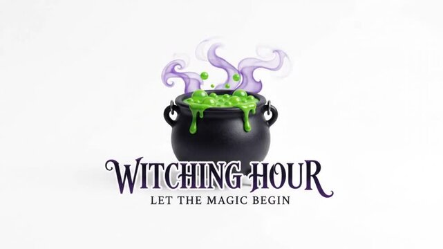 Black witch cauldron with bubbling green potion isolated on white background with witching hour text