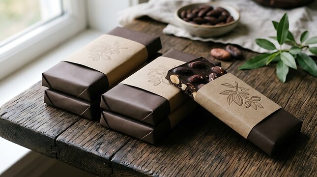 Gourmet dark chocolate bars with almonds in paper wrap on rustic wood.