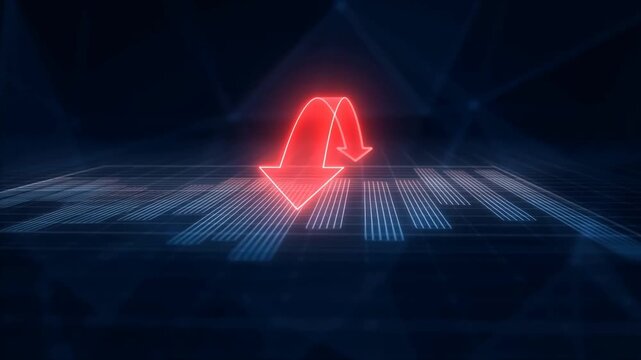 Red Downward Arrow Over Digital Grid Signaling Decline in Abstract Technology Background