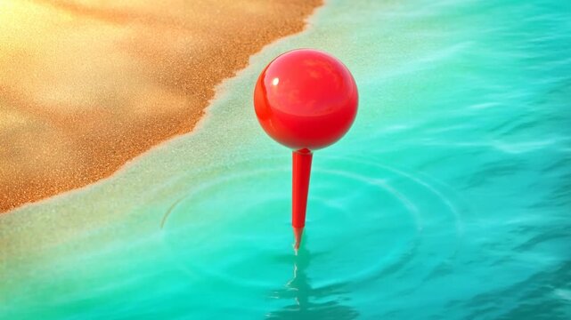 Red buoy floating beside sandy beach shoreline in turquoise ocean water