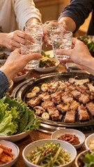 Obraz premium Four Hands Toasting Sparkling Drinks over Pork Barbecue
