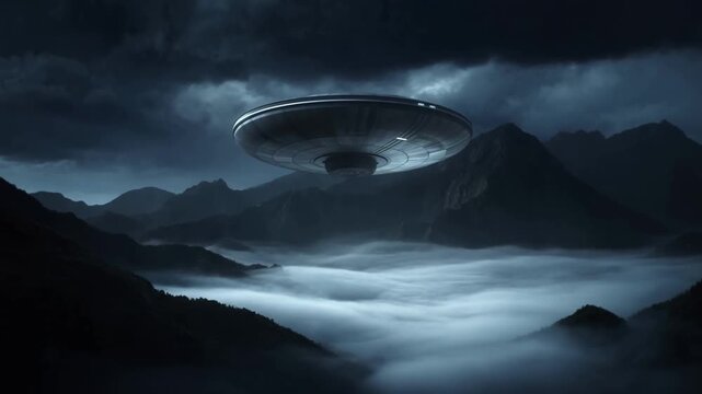 UFO hovering above a misty mountain valley beneath dark storm clouds at dusk