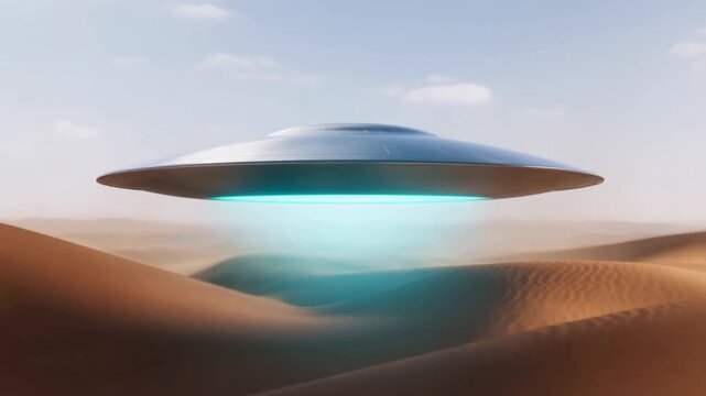 Flying saucer appears above glowing desert dunes in hazy atmospheric landscape