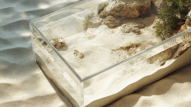 A clear, empty, light-colored space in the top-left quadrant for text overlay. Intricate details of the ecosystem, contrast between glass and sand.
