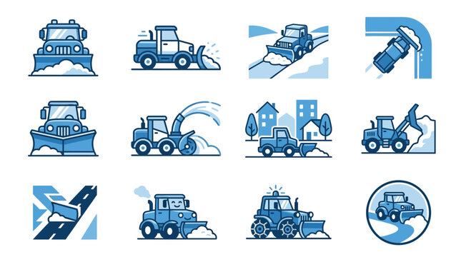 Blue snowplow and winter maintenance vehicle icons.
