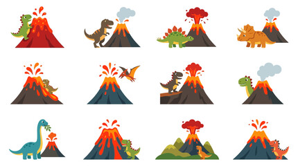Cartoon volcano eruption icons with dinosaurs. © arlo