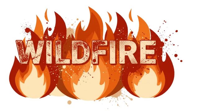 Graphic illustration of the word wildfire with stylized flames and heat splatter effects