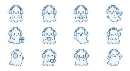 Obraz premium Cute blue ghosts wearing winter earmuffs and headphones.