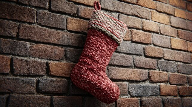 A single, detailed Christmas stocking hanging by a brick fireplace, slightly off-center. The clean, upper-left section of the brick or wall must be clear. 