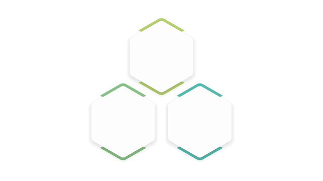 Minimalist hexagon infographic template with three steps. Modern geometric business diagram. Clean white honeycomb layout for data visualization.