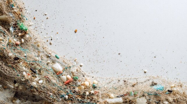 A close-up photograph of a fisherman's net filled with microplastics and trash instead of fish, highlighting ocean degradation. 