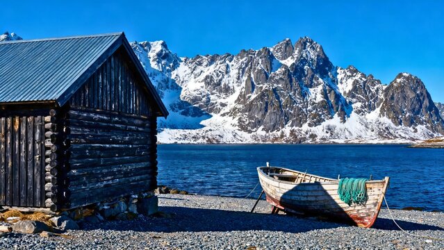 A rustic Alaskan log cabin with dark timber walls and a steep metal roof under harsh low-angle Arctic sun, jagged snow-capped mountains and a weathered fishing boat on a rocky beach nearby.