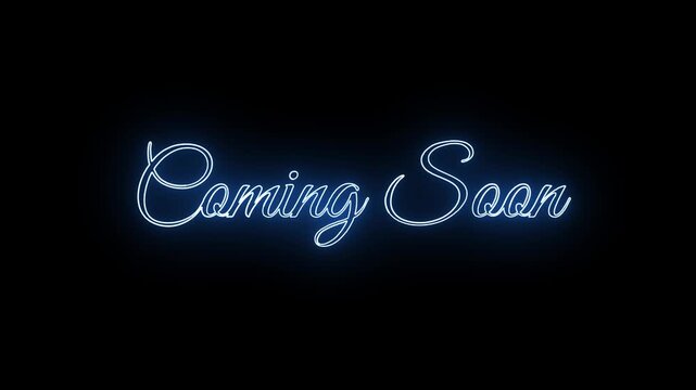 Blue neon script text coming soon sign glowing against a solid deep black background