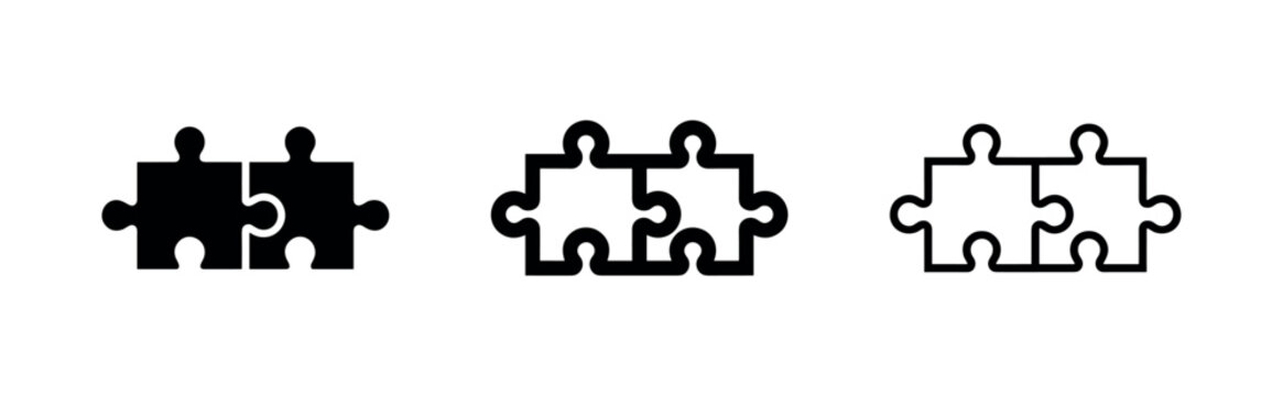 Two interlocking puzzle pieces icons. Teamwork, solution, connection, strategy, problem solving symbol.