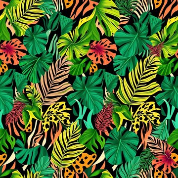 Seamless geometric print featuring tropical leaf patterns mixed with leopard and zebra stripes, seamless, leaves