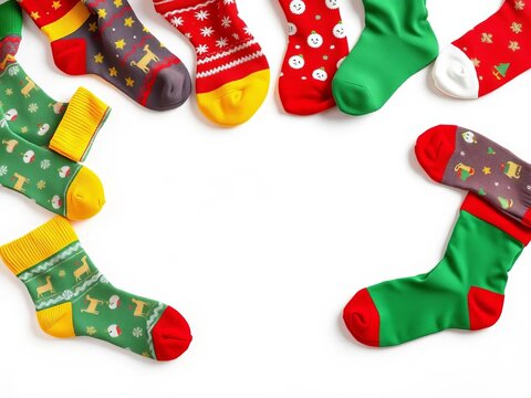Brightly colored Christmas socks arranged on a white background, Fun, Textured