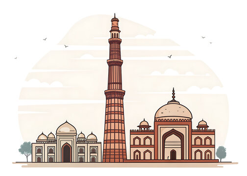 Qutub Minar, Delhi  tall ornate sandstone minaret with surrounding historic structures, simplified vertical composition, modern minimal vector art