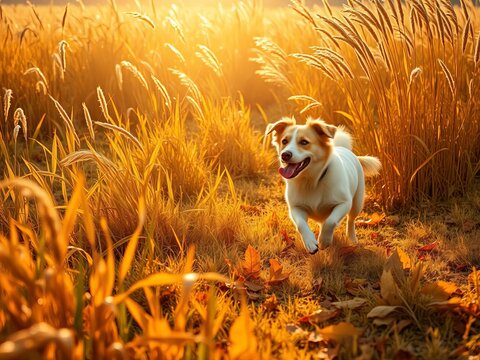 Golden light highlights rustling crops and playful dog in autumn field, rural, crops