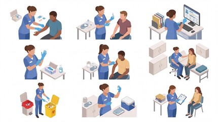 Fototapeta premium Isometric medical staff giving vaccinations and patient care