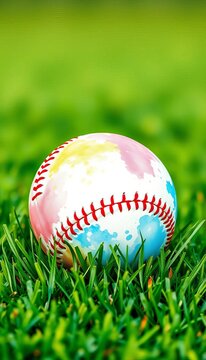 Colorful watercolor baseball with red stitching and green grass, ball, green