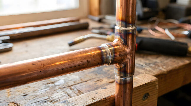 Copper pipe plumbing joint showing fresh solder and heat marks on a wooden workbench in a workshop. Professional metal pipe fitting, brazing process, HVAC maintenance, and home renovation project conc